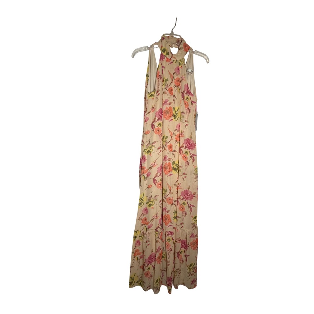 Taylor Floral Halter Maxi Dress Pink Orange Yellow Chiffon Tiered size 6
